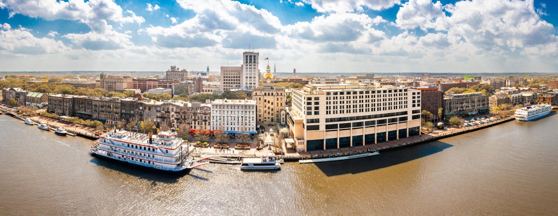 Aerial panorama of Savannah, Georgia skyline